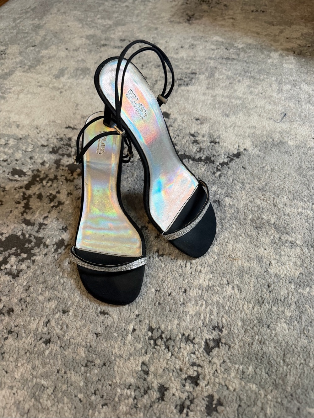 Splash Black Strappy Evening Sandal Heels with Silver Accent & Bedazzled Strap